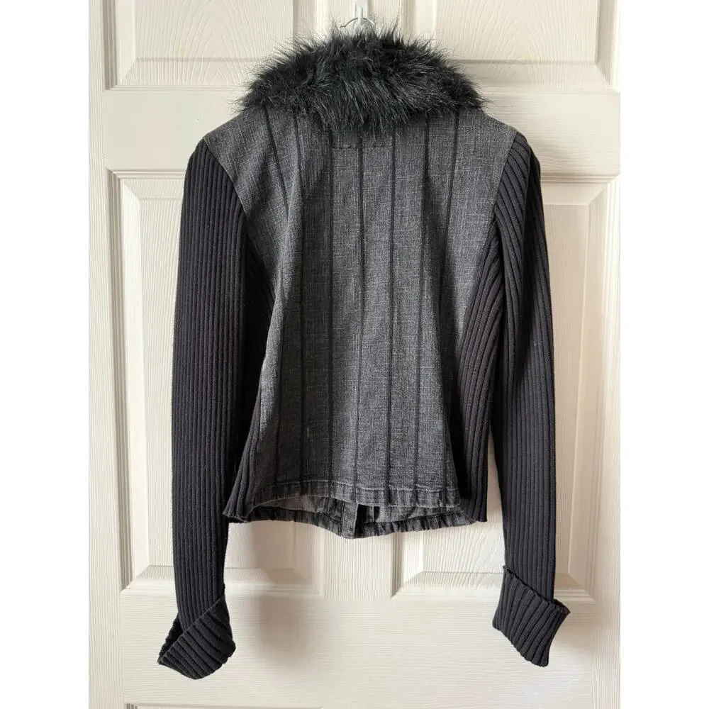 Yada‎ Yada Y2K Faux Fur Trim Jacket Gray Black Jrs L Indie Sleaze McBling Moto